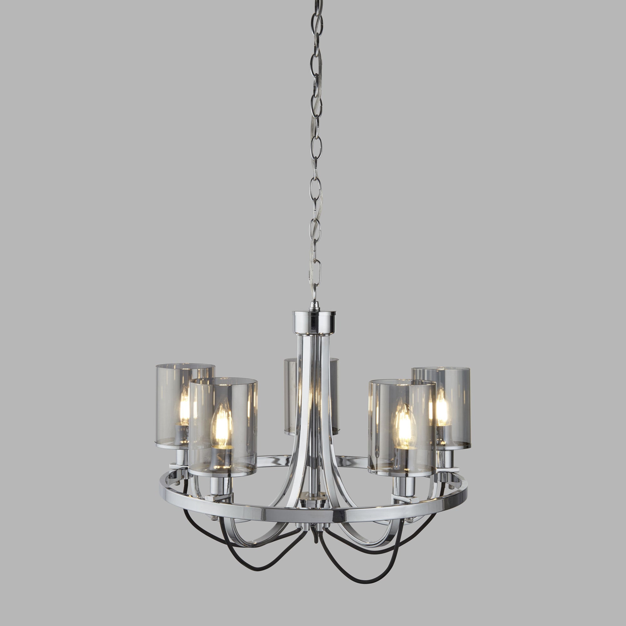 Lampadario Contemporaneo Catalina Acciaio Cromo Vetro Fumè 5 Luci E14