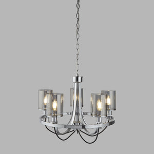 Lampadario Contemporaneo Catalina Acciaio Cromo Vetro Fumè 5 Luci E14