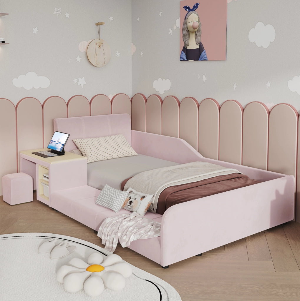 Letto imbottito 90x200 cm con scrivania; sgabello e ripiano in velluto rosa