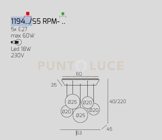 SOSP. BIANCO 5 LUCI RETT. VETRI (2 PICCOLI AM+1 PICCOLO BR+1 MEDIO AM+1 MEDIO BR) 1194BI-S5 RPM-AB