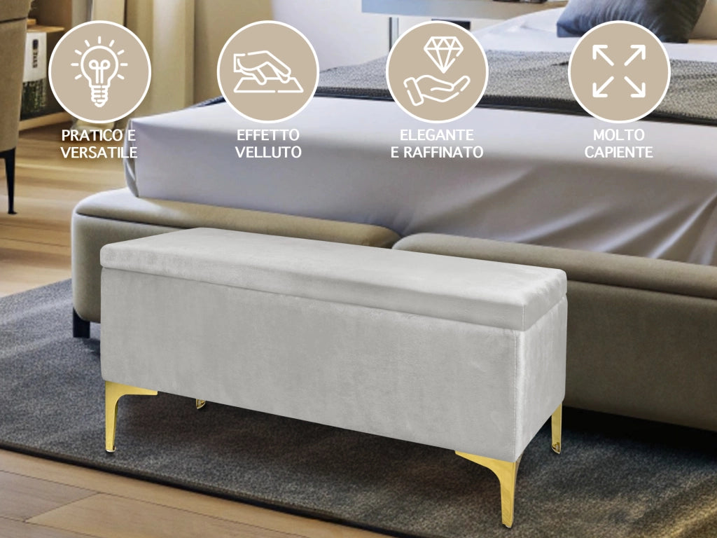 Pouf Panca Imbottita Divanetto In Velluto Contenitore PortaOggetti Panca Sgabello A Pie Di Letto Con Gambe In Metallo Dorato Cassapanca Ingresso Legno Massello Panchina  - Grigio chiaro