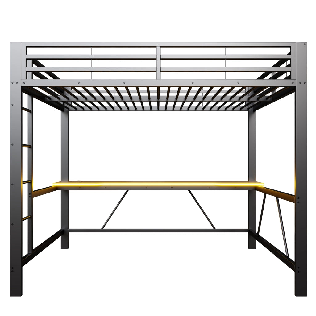 DESMIU Lit mezzanine 160 × 200 cm 2 posti con scrivania, LED e senza materasso, in metallo e MDF, nero