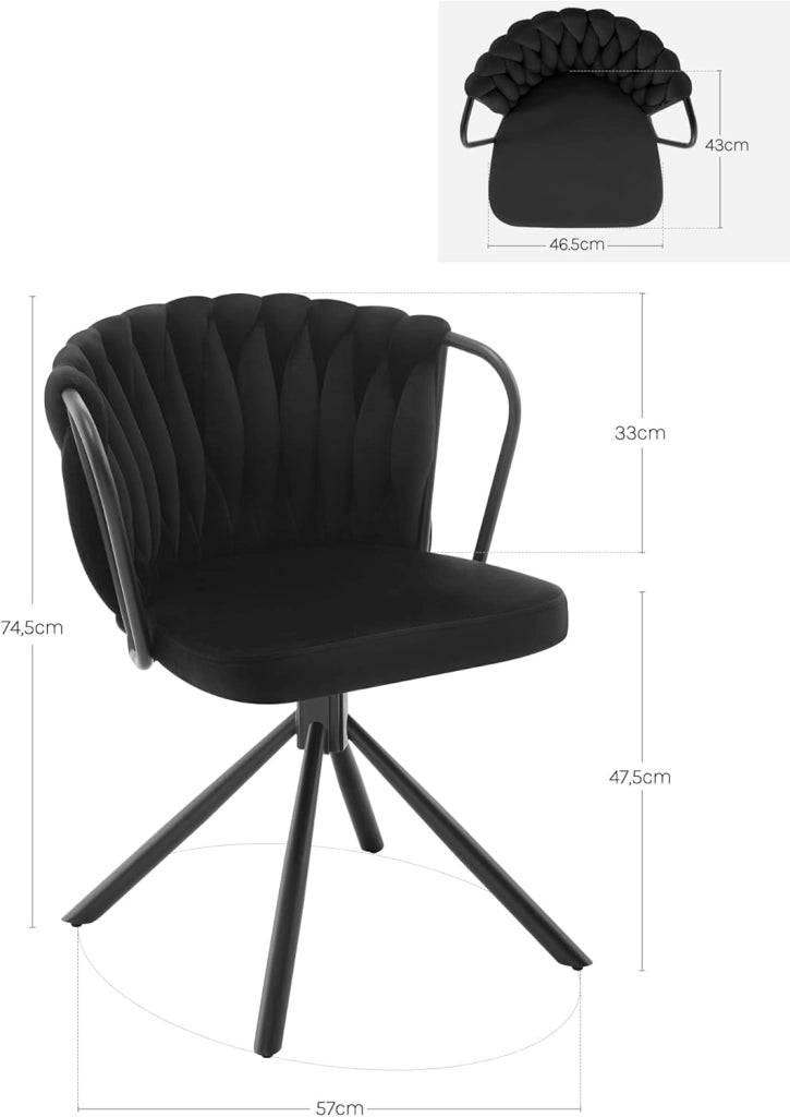 Sedia da Pranzo Girevole Set di 2, Poltrona Imbottita con Schienale Intrecciato e Gambe in Metallo, Sedia Scandinava, Velluto,Nero EZS72sz-2
