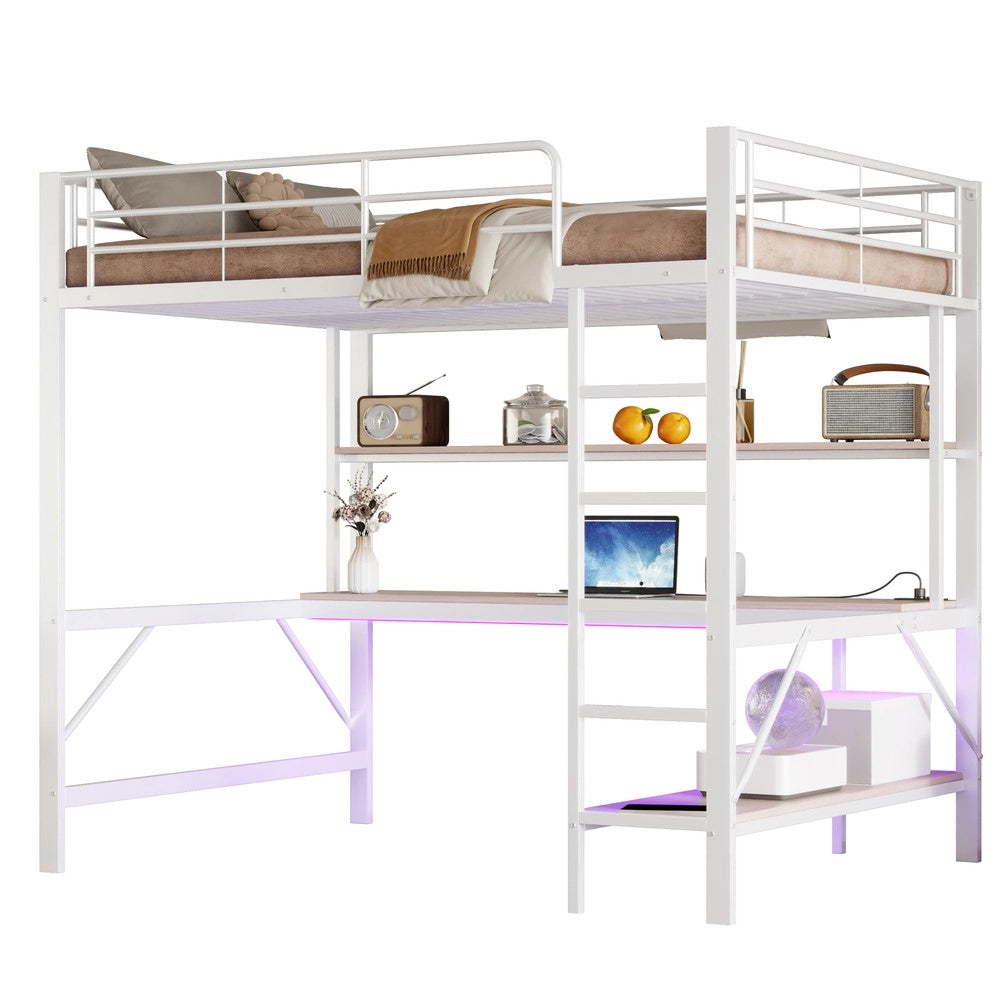 Letto a Soppalco con Scrivania e LED ¨C MINIMAL ¨C Metallo Bianco 140x200