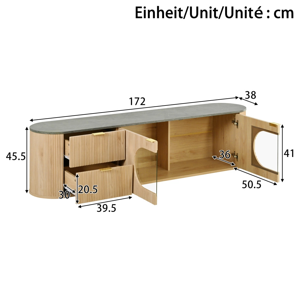 OKWISH Mobile TV con Vetrina Ovale in Vetro Grigio e Vani Chiusi, Stile Minimalista, per Soggiorno, MDF, 172 x 38 x 45.5 cm