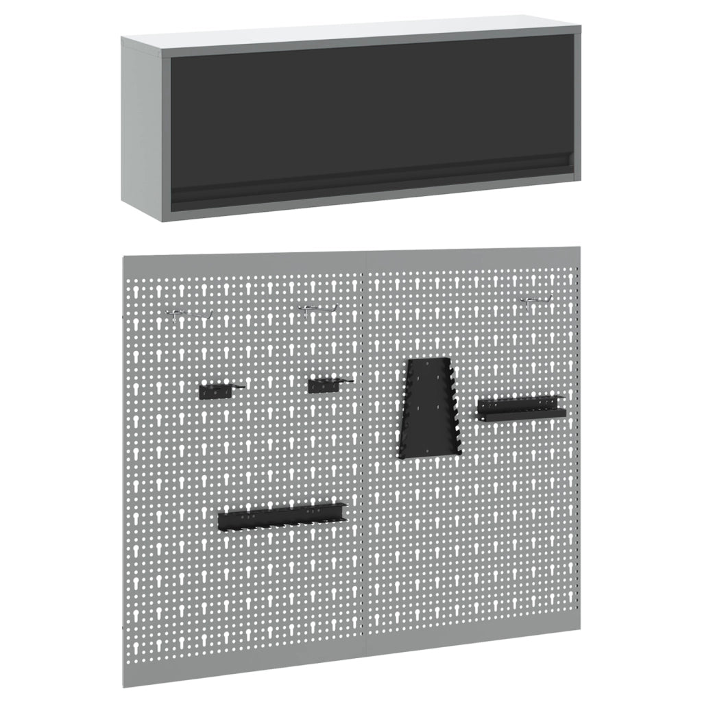 Set da Muro in Metallo Nero con Armadietto e Pannello Perforato in 3 Pezzi di