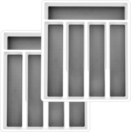 Set di utensili per cassetta, 2 pezzi di contenitore in plastica con 5 cassette, accessorio per cassetta di cucina per cucchiai, forchette, coltelli, imbottitura morbida e piedini in gomma antiscivolo, bianco e grigio, 32,5 x 29 cm