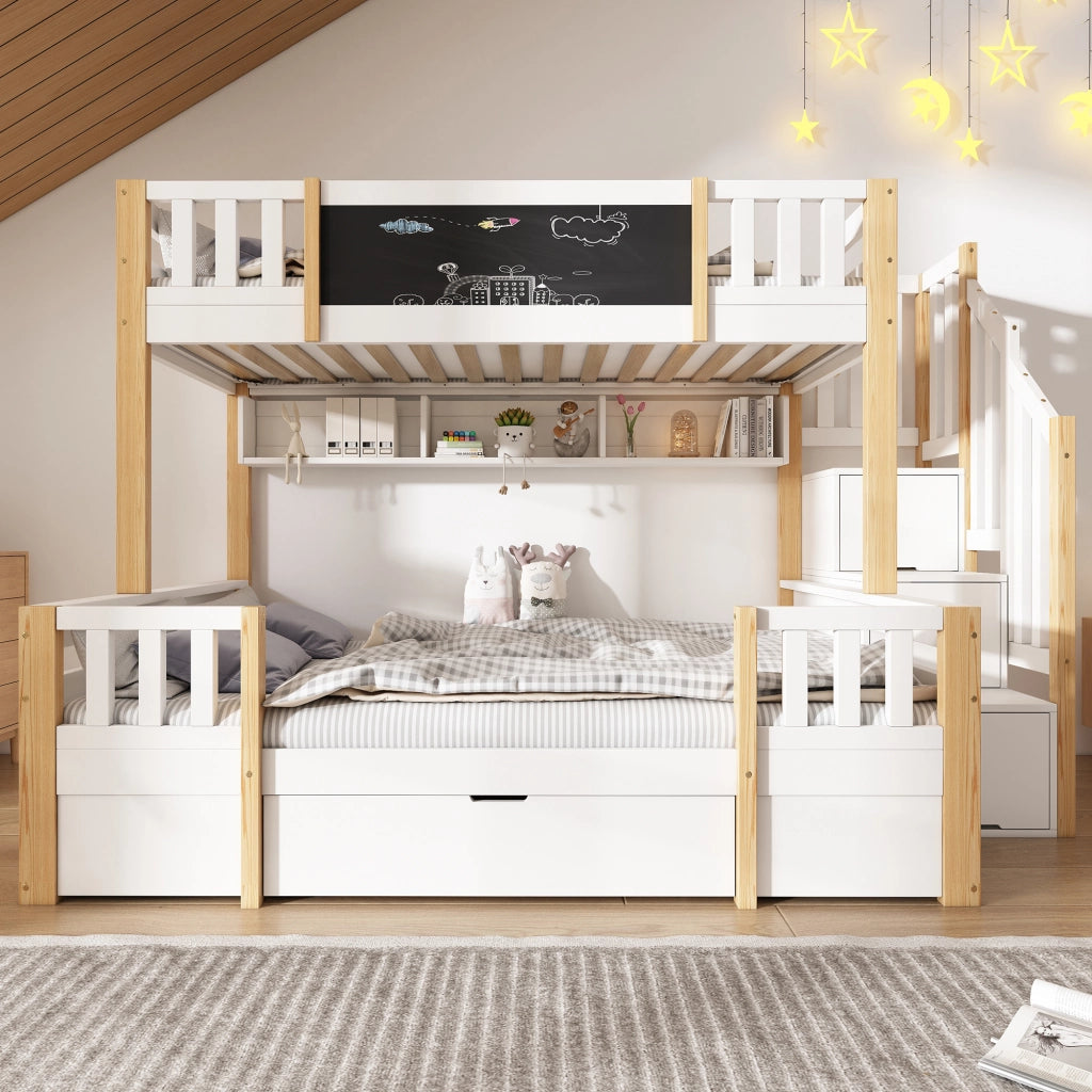 OKWISH Letto a Castello 90×200 cm e 140×200 cm, Letto 3 Posti con Armadio Scala, 2 Cassetti e Lavagna, senza Materasso, Bianco Naturale