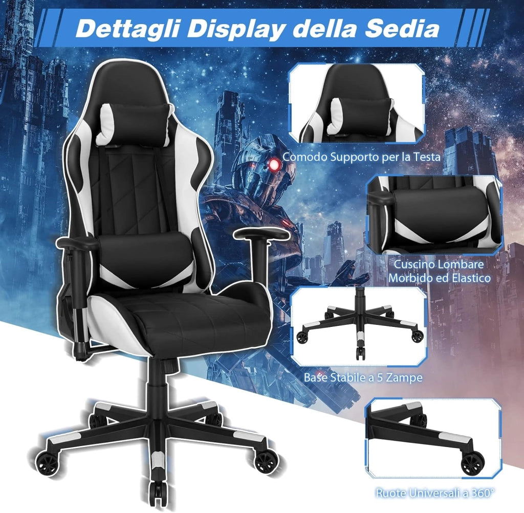 Sedia da Gaming Girevole a 360°, Sedia Ergonomica per Computer per Gaming con Poggiatesta e Cuscino Lombare, Angolo Reclinabile Regolabile (Bianco)