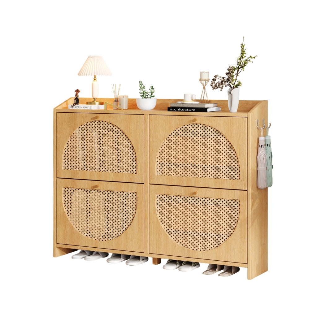 Scarpiera moderna 120¡Á24¡Á90 cm con 4 ante a ribalta, 8 scomparti, 2 ganci, struttura in MDF e ante in stile rattan, colore naturale