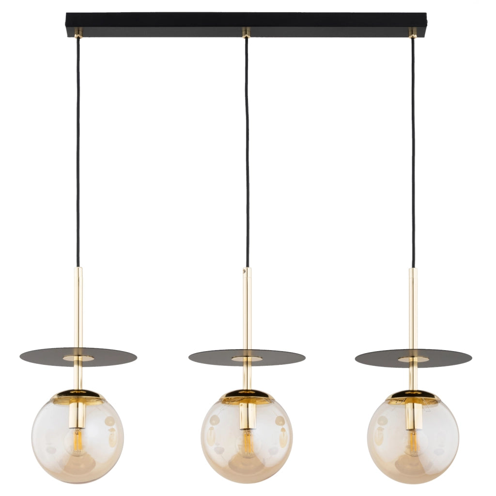 Lampada sospesa lineare nero oro sfere ambra 3xE14 QEENCY Alfa