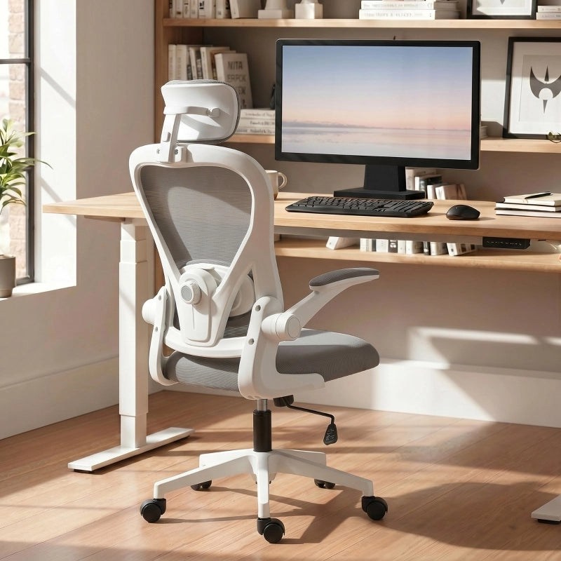 Sedia da ufficio ergonomica con poggiatesta regolabile supporto lombare e braccioli ribaltabili in poliestere grigio