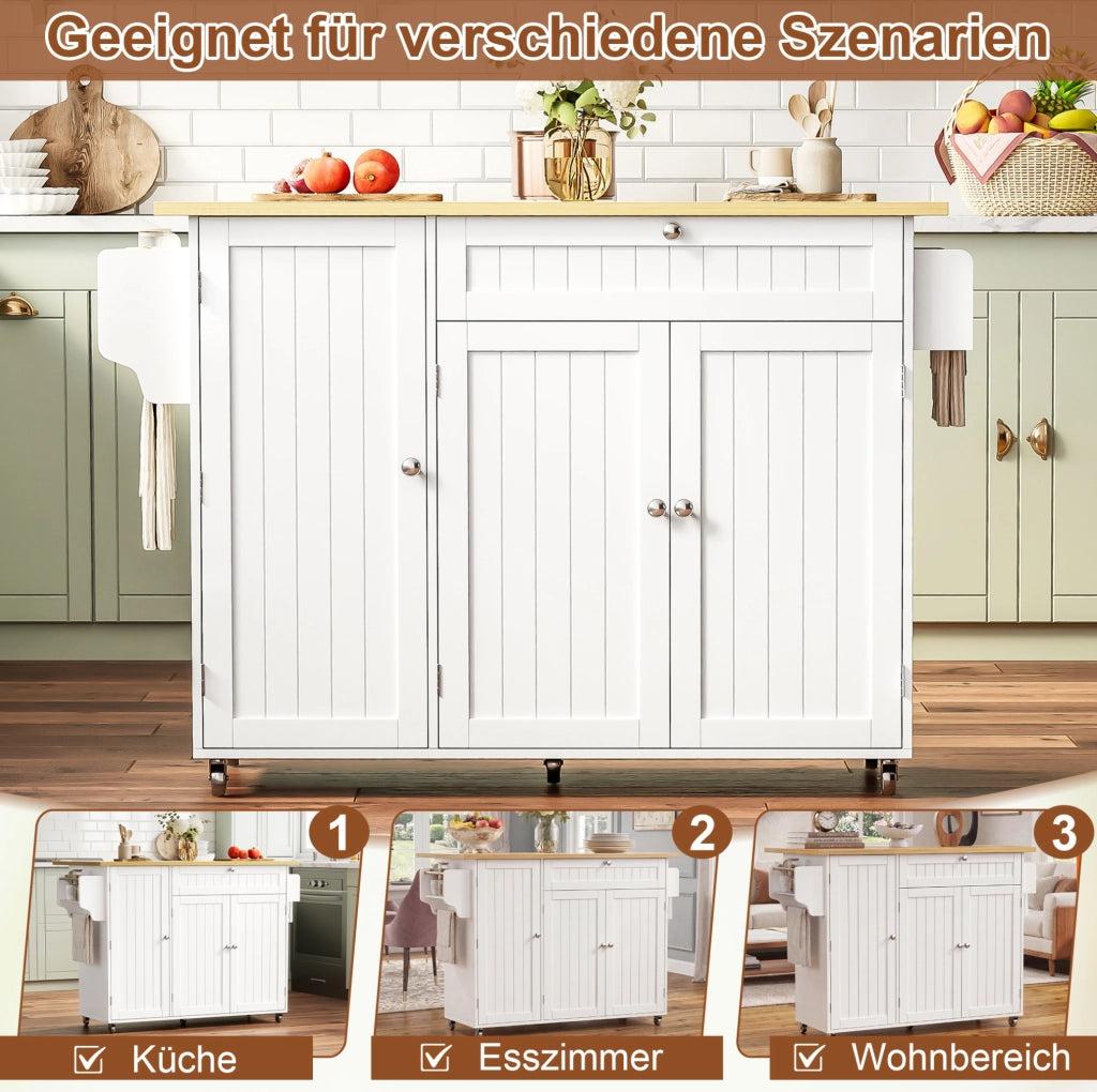 Carrello isola cucina con piano ribaltabile 120x70x92 cm in MDF; naturale e bianco