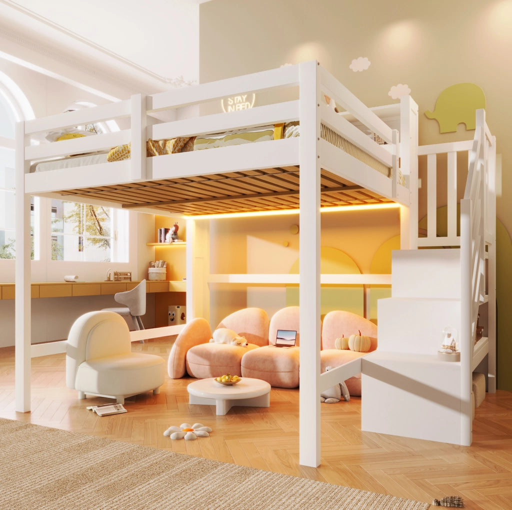 Letto a soppalco 140x200 cm bianco con LED, scala contenitore e spazio inferiore