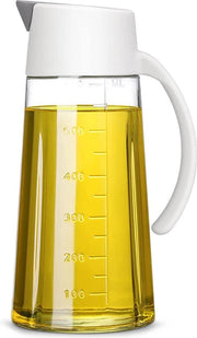 Oliedispenser 650ml Auto Flip Olio di Oliva Bicchiere di Vetro Bicchieri di Olio con Manico Antiscivolo Senza Spillo Uscita per Cottura in Cucina e BBQ( Bianco)