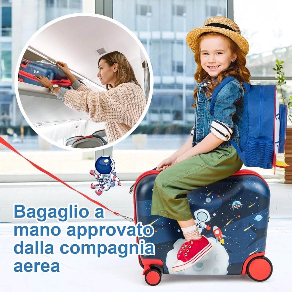 Valigia Cavalcabile per Bambini, 18" Valigia+ 12" Zaino,2 Pezzi, Trolley Bambini Bagaglio a Mano con Ruote Girevoli e Maniglia Retrattile, 2 Cingie Multiuso (Modello 4)