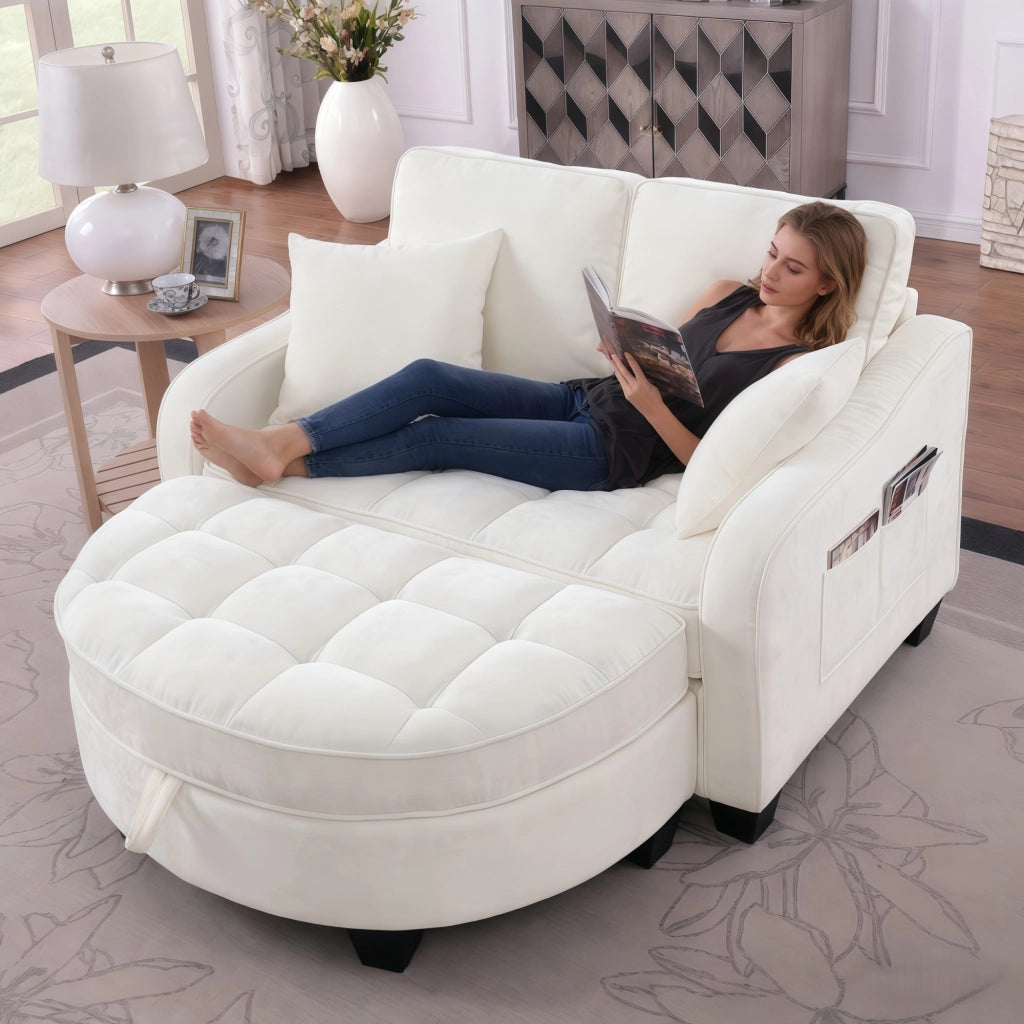 Divano Letto 2 in 1 con Pouf Contenitore ¨C MINIMAL ¨C Tessuto Beige