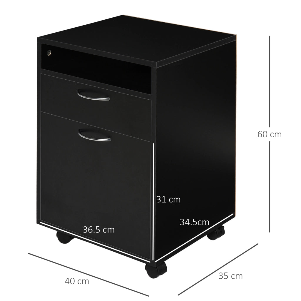 Mobiletto portadocumenti su ruote, nero, 40x35x60 cm con cassetto, per ufficio e home office, salvaspazio e funzionale.