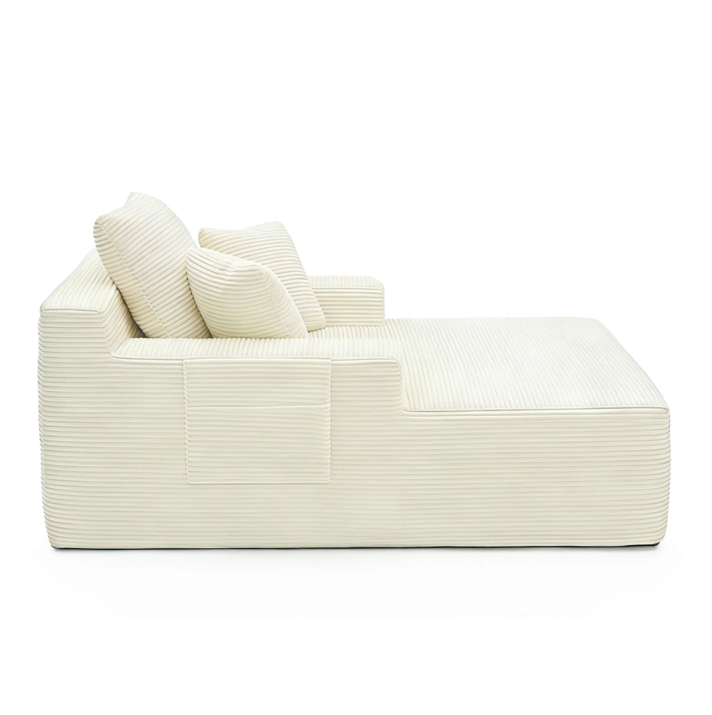Divano compatto in velluto a coste beige con tasche laterali