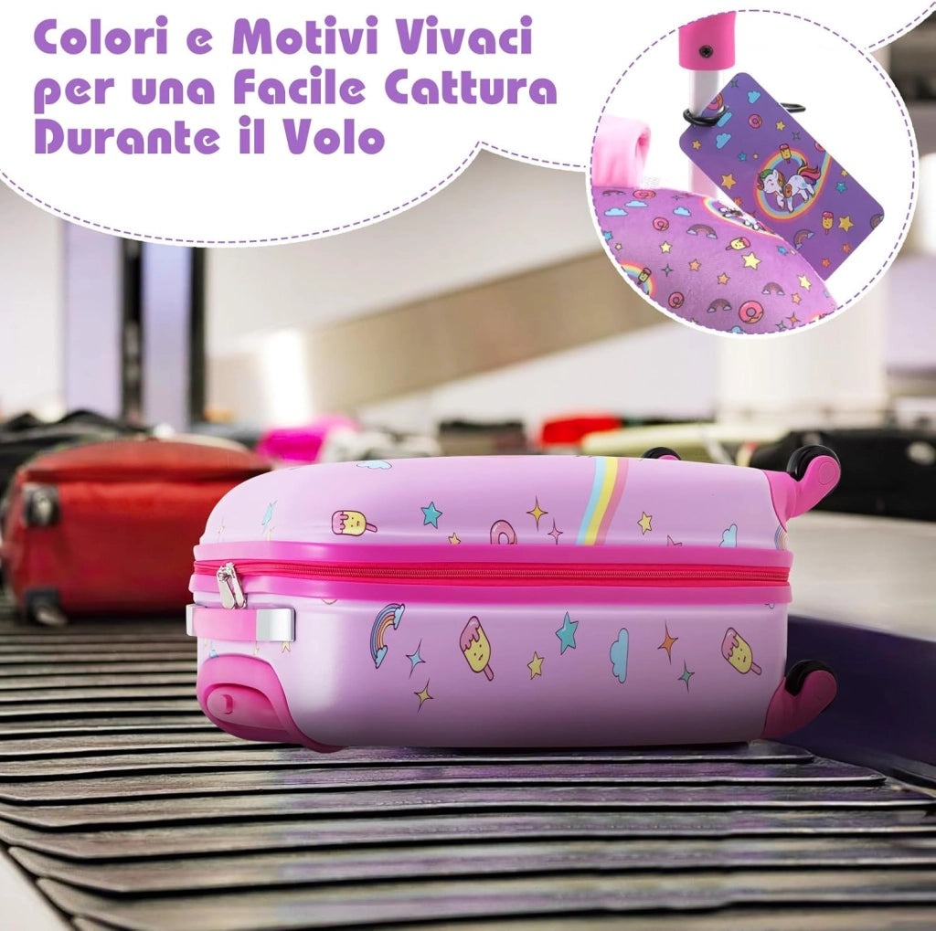 5 Pezzi Valigia per Bambini, Valigia con ManicoTelescopico da 16" con 13" Zainetto, Cuscino per Il Collo, Etichetta per Bagaglio, Borsa per Il Pranzo, con Ruote Girevoli a 360 ° (Modello 1)