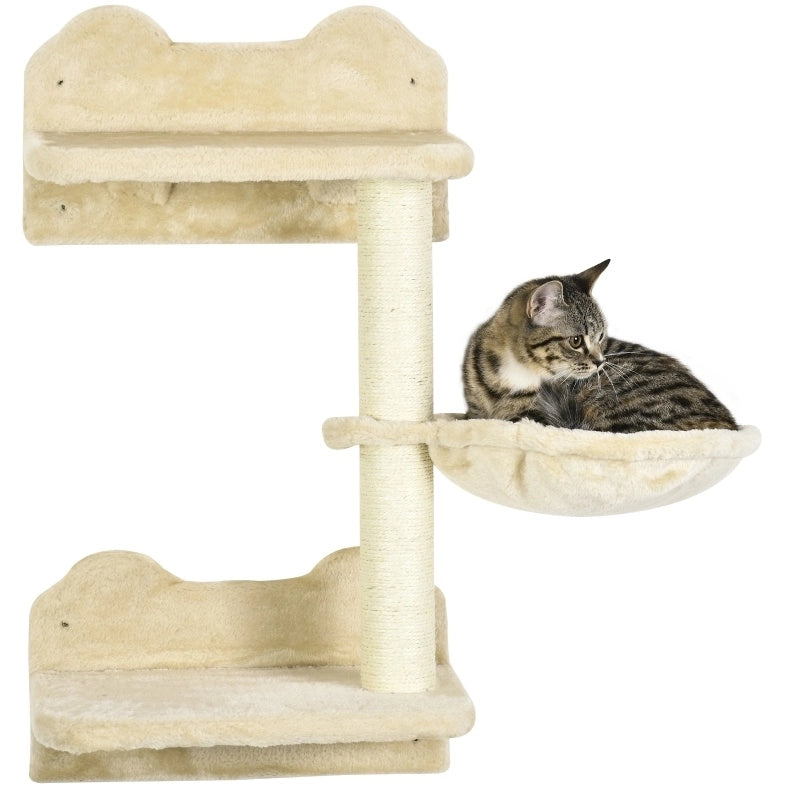 Set parete per gatti ULEVR 4 pezzi con 3 gradini, tiragraffi con amaca e piattaforma, beige