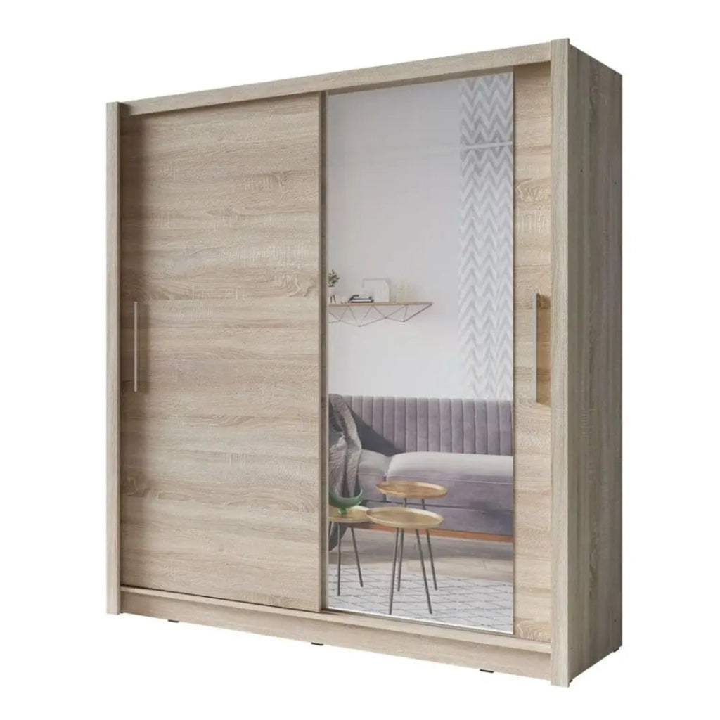 Armadio OZZULA 204 cm in rovere chiaro con specchio – 2 porte scorrevoli