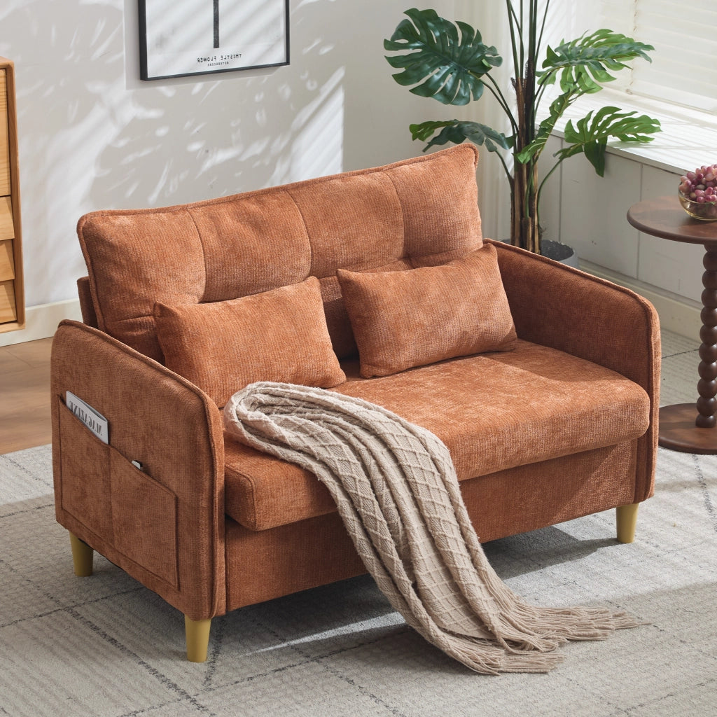 Divano 2 posti 127x75.5x83 cm con tasche laterali in legno e tessuto chenille marrone