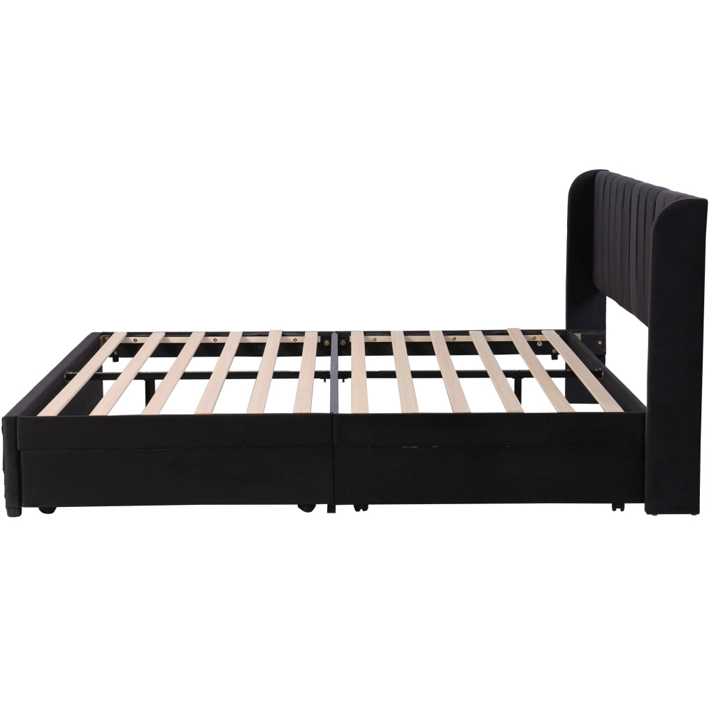 Letto imbottito in velluto nero 180x200 cm con rete a doghe, testiera alta e 2 cassetti