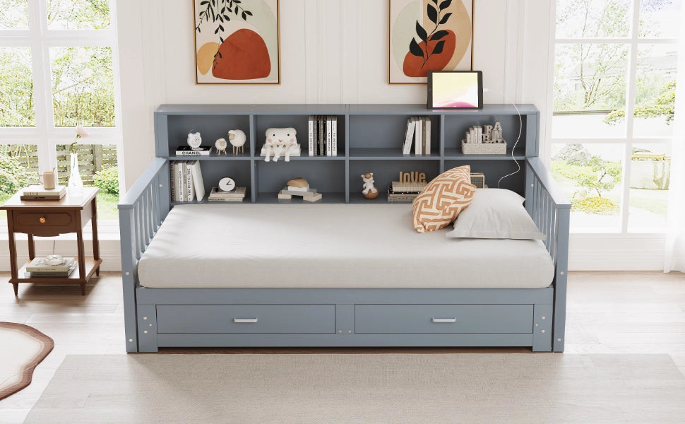 DESMIU Divano letto 90 × 190 cm 1 posto con prese, ripiani e 2 cassetti, 180 × 190 cm senza materasso, legno grigio
