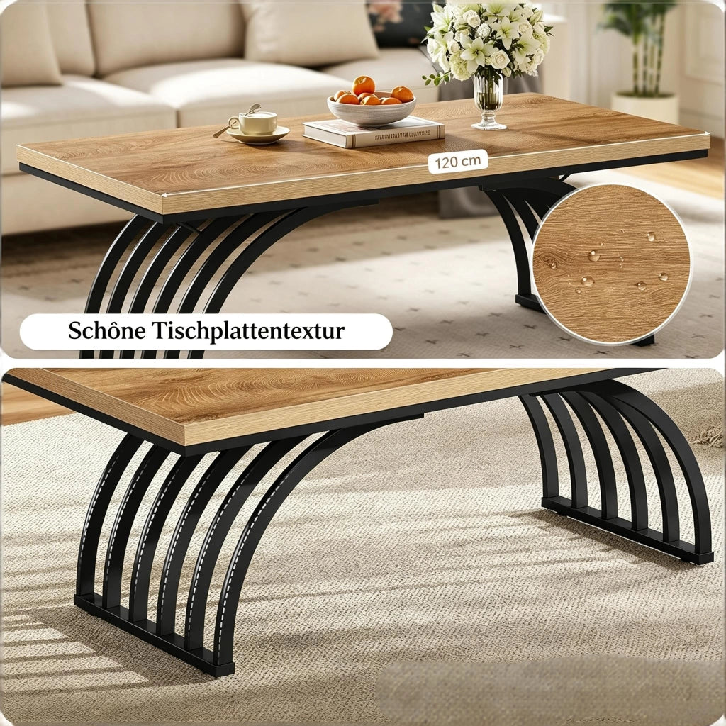Tavolino basso con piano da 120 cm e struttura in metallo design aperto per soggiorno in metallo e legno nero marrone