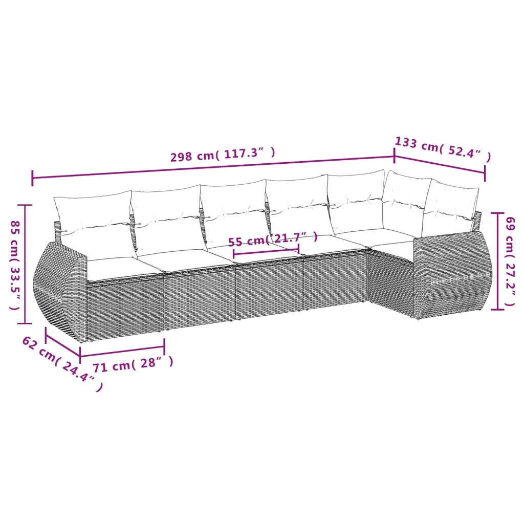 Set Divano da Giardino 6pz con Cuscini Grigio Chiaro Polyrattan