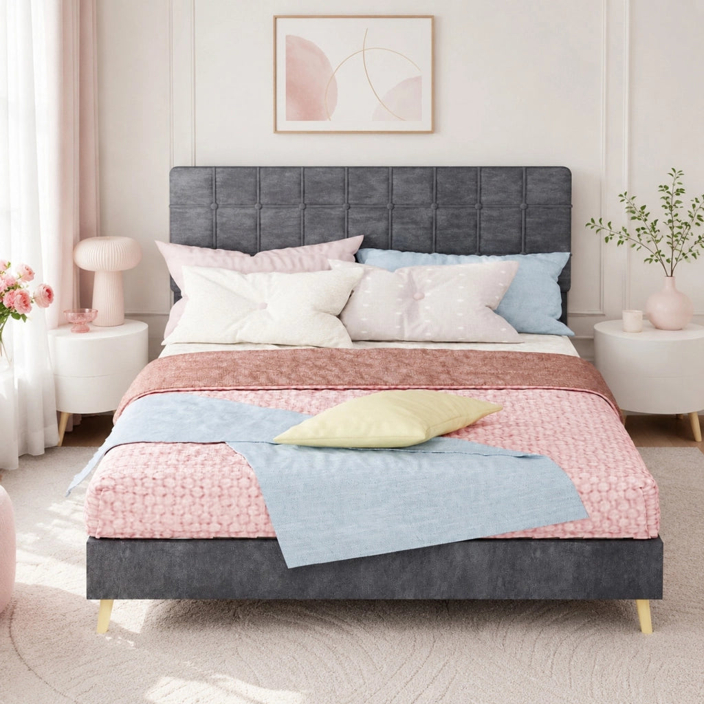 Letto Matrimoniale 140x200 cm con Testiera Trapuntata e Gambe in Legno; Velluto Grigio