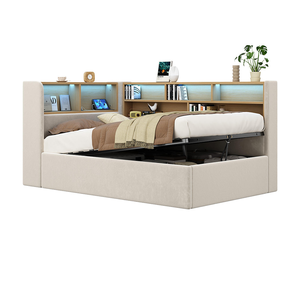 Divano letto con ripostiglio idraulico - Xylo - 90x200 cm - Beige - LED, USB, velluto