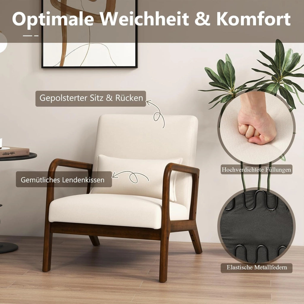 Mid Century Accent Chair, sedia interna per il tempo libero con seduta e schienale imbottiti, poltrona imbottita in legno con cuscino lombare, poltrona lounge per camera da letto (beige)