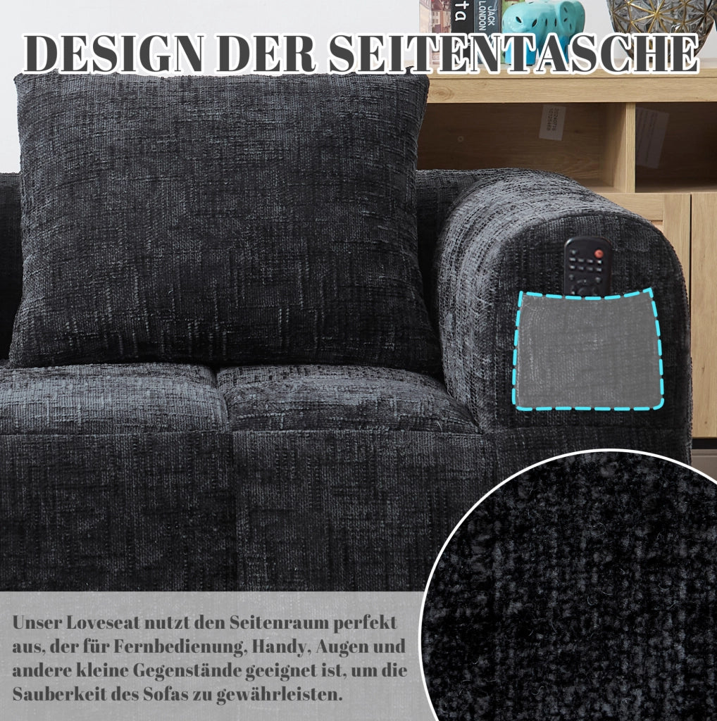 Divano a 2 posti nero con chaise longue, cuscino incluso e tasche laterali per telecomando e smartphone