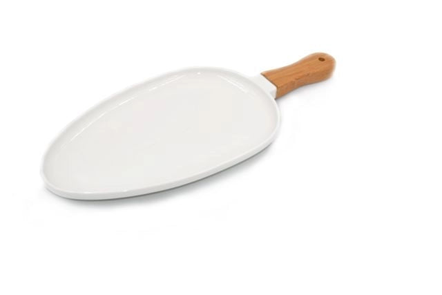 Paletta Vassoio in Porcellana con Manico in Legno Bianco Ovale 26 cm
