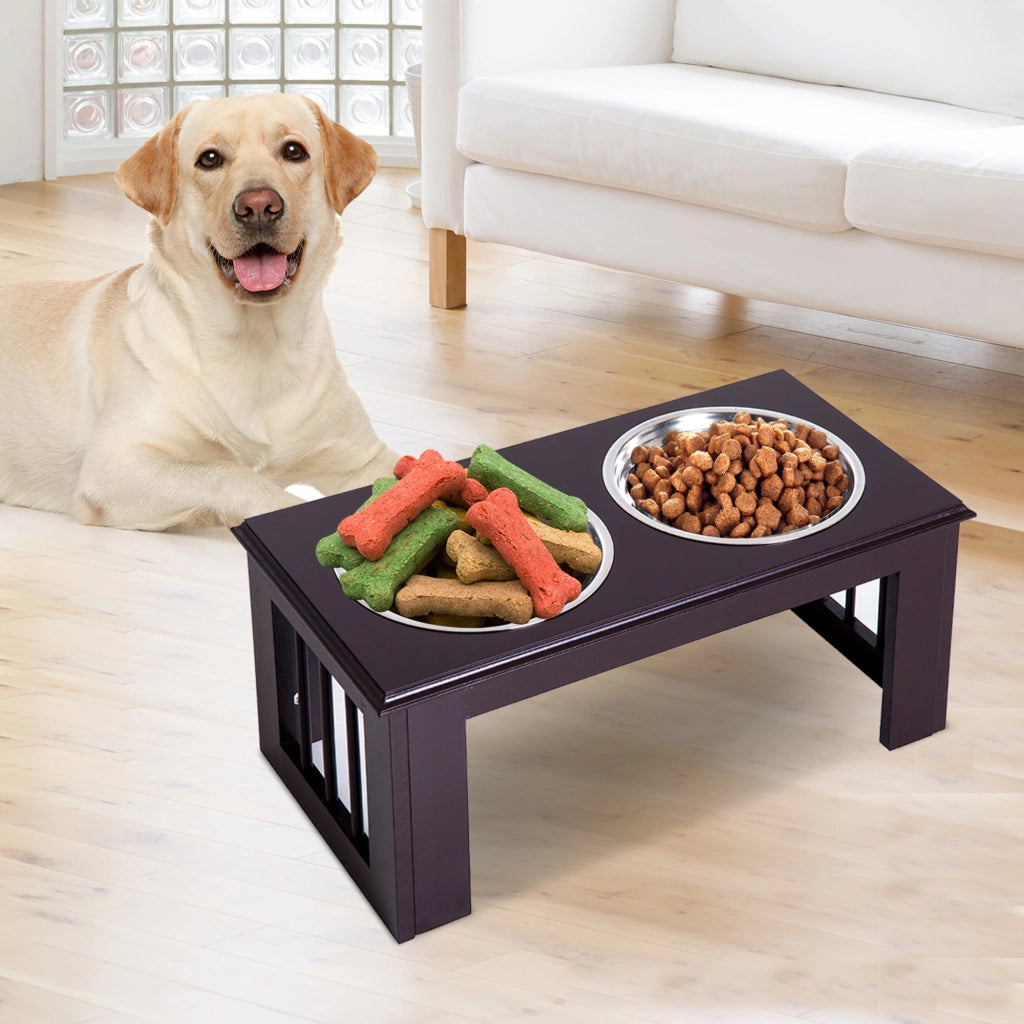 EasyComfort Ciotole Rialzate per Cani Taglia Media, Supporto Portaciotole in MDF con 2 Ciotole in Acciaio Inox per Cibo e Acqua, Caffè Scuro