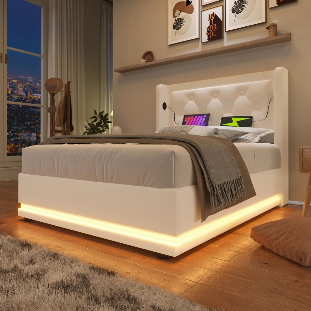 LETTO imbottito 90x200 cm in PU bianco con USB, Type-C e LED 3 lati