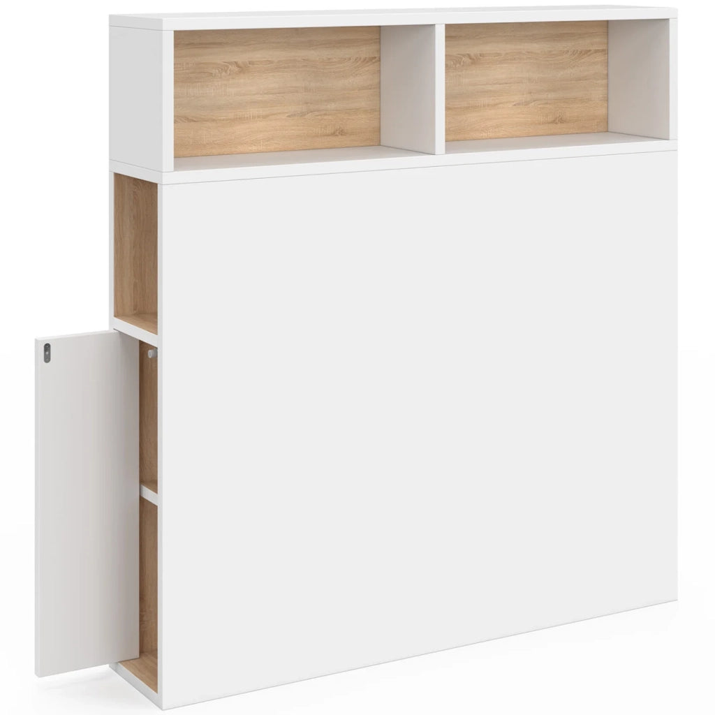 IDMarket - Testiera CLEO 95 cm free-standing con contenitori chiusi e nicchie in bianco e faggio