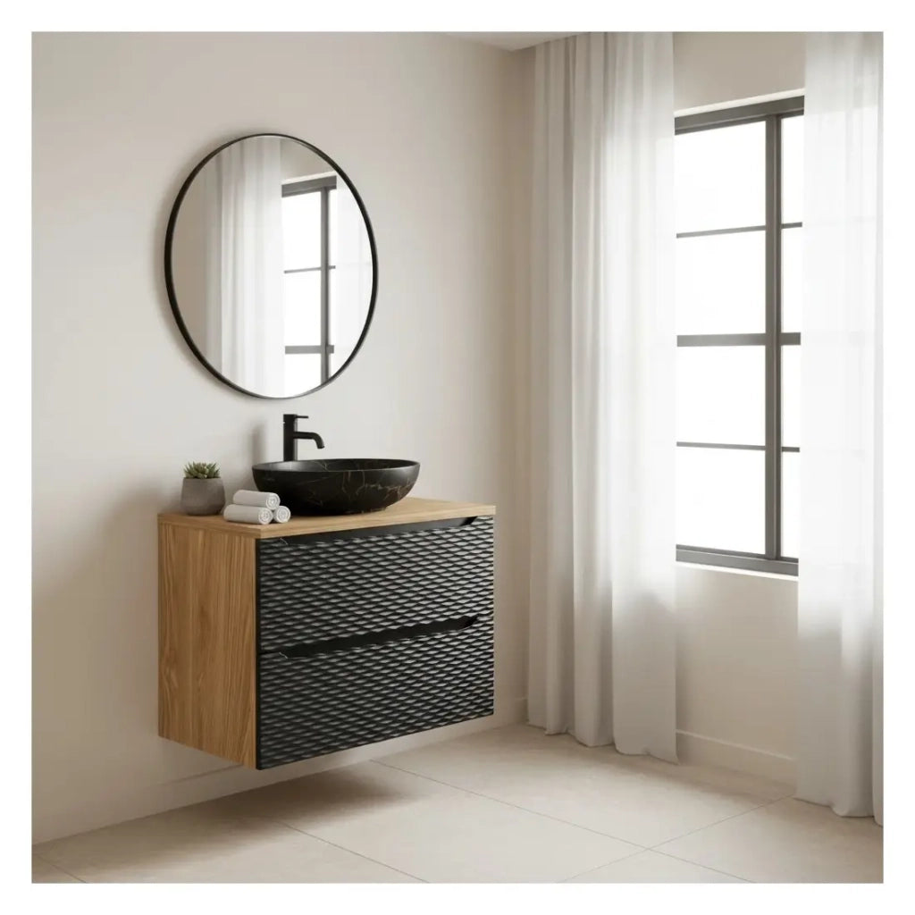 Set da bagno YOKA nero: mobile sottolavabo con cassetti 80 cm, piano per lavabo, lavabo effetto marmo nero e oro