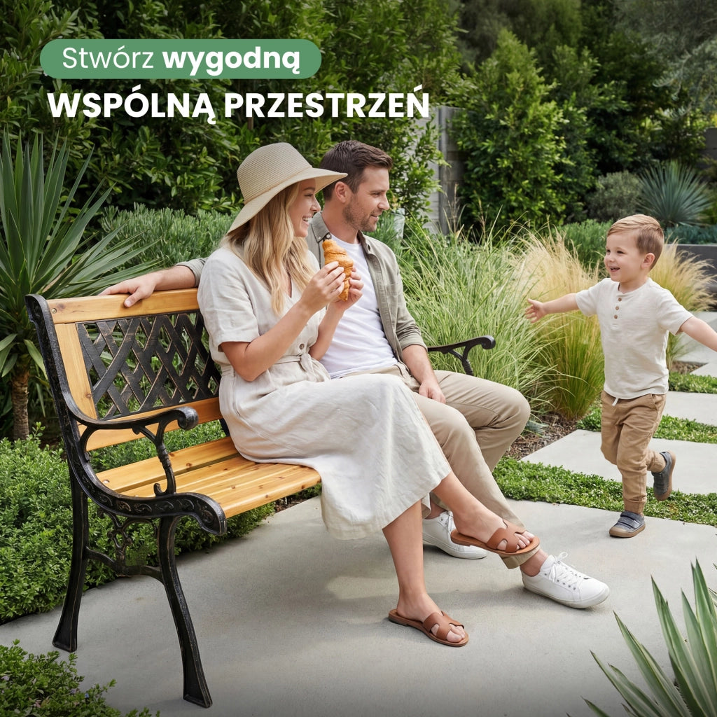 Panchina da giardino nera MIRT con legno laccato e gambe in ghisa larghezza 127 cm