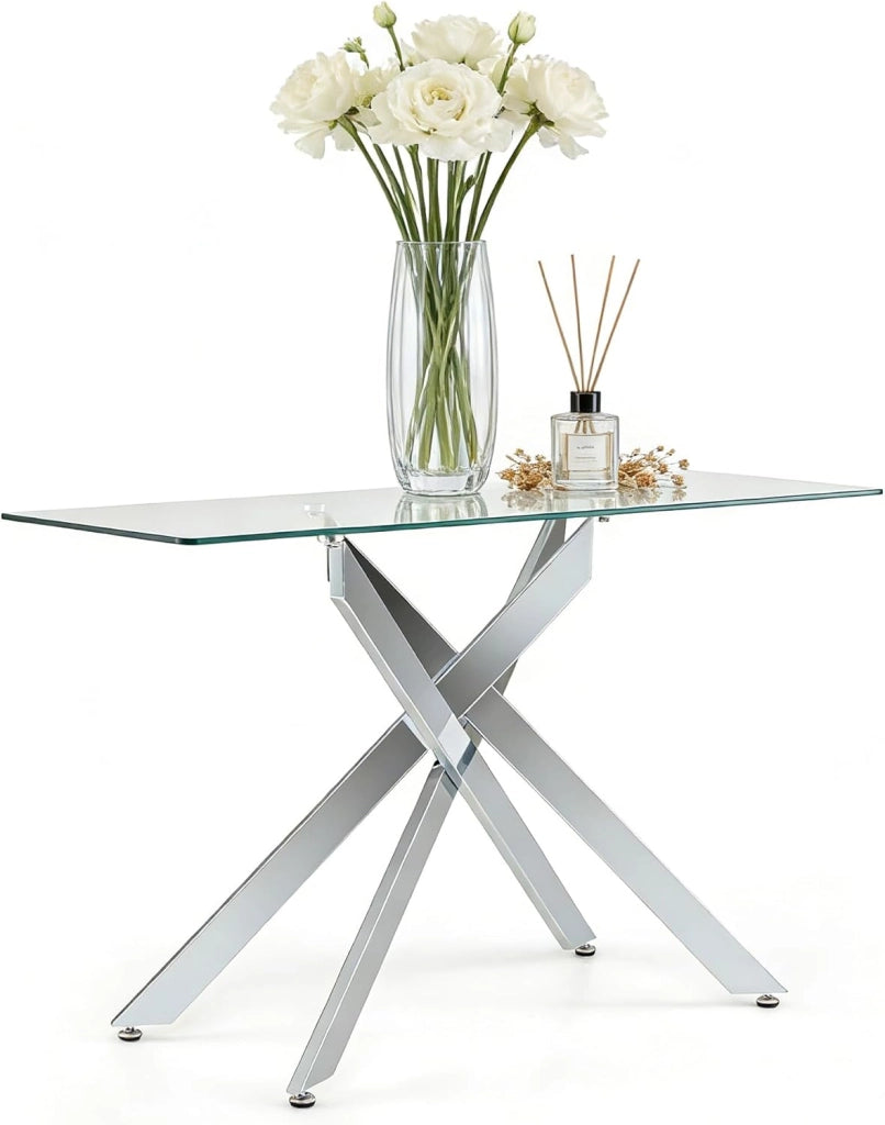 Tavolo Consolle in Vetro Temperato 115 x 45 x 78 cm, Consolle Ingresso Telaio Robusto con Gambe in Metallo Incrociate e Piedini Regolabili, Salvaspazio, per Soggiorno e Corridoio