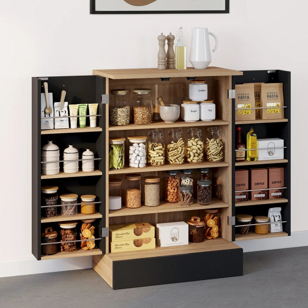 IDMarket - Cassettiera bassa da cucina ALTO H.90 cm con contenitori in legno e nero