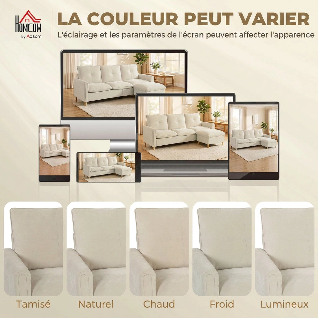 Divano angolare 3 posti con pouf contenitore ¨C Xylo ¨C tessuto effetto lino crema 210 cm