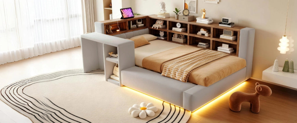 Letto imbottito 90x200 cm con LED, prese integrate e capiente testiera salvaspazio grigio chiaro
