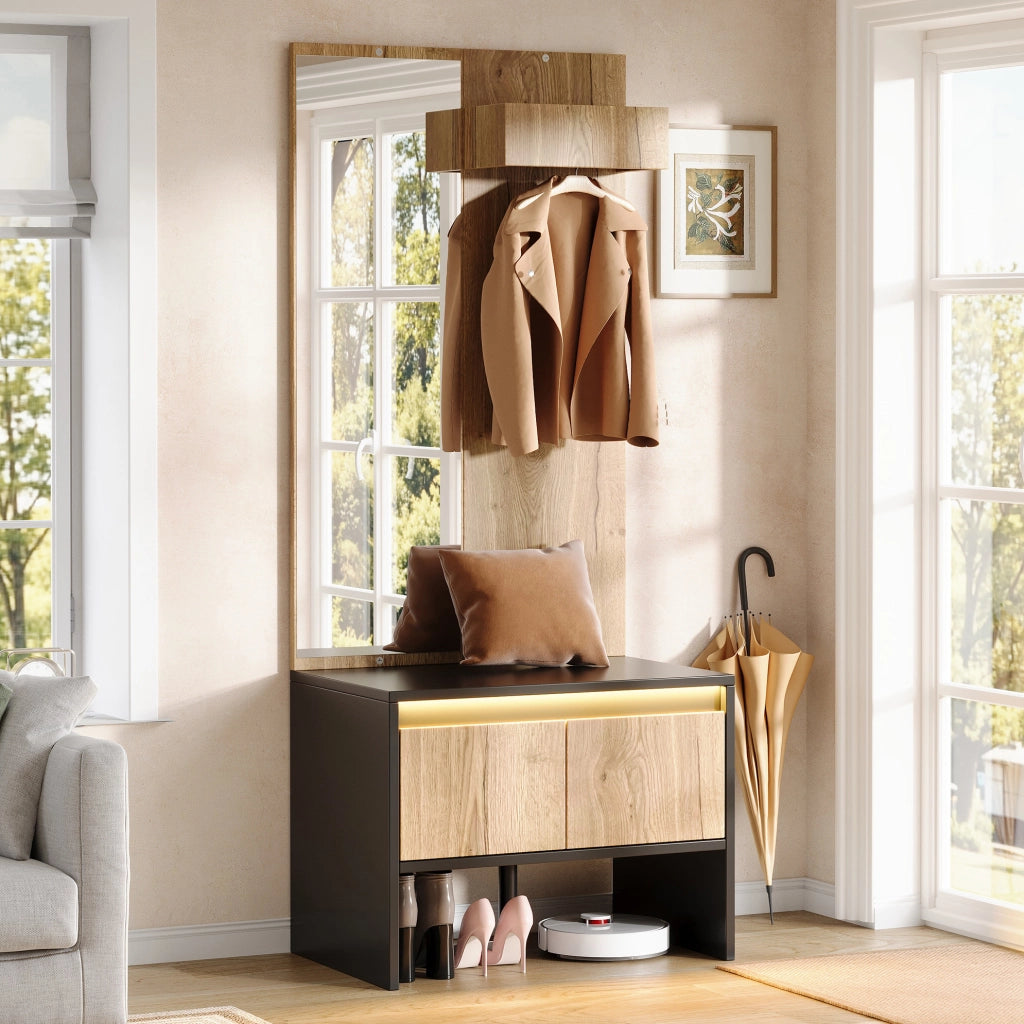 Appendiabiti da ingresso con specchio; panca portascarpe e 2 cassetti 60x38x145 cm; naturale