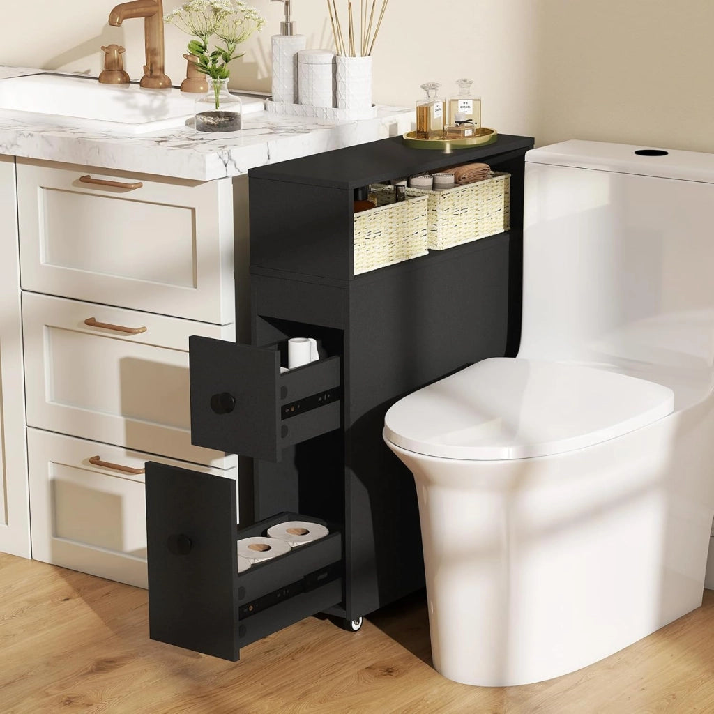 Carrello Stretto Sottile Salvaspazio Cucina Bagno da 19 cm, con 2 Cassetti e 2 Cestini di Vimini, Carrello Arrotolabile, Slim, 19 x 50 x 72 cm, Bianco/Nero (Nero)