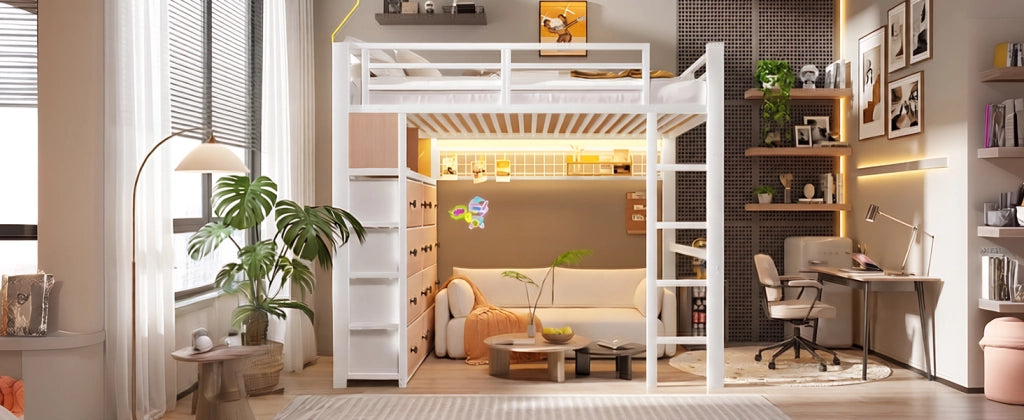 LETTO a soppalco 140x200 cm in metallo e MDF bianco con 8 cassetti e LED