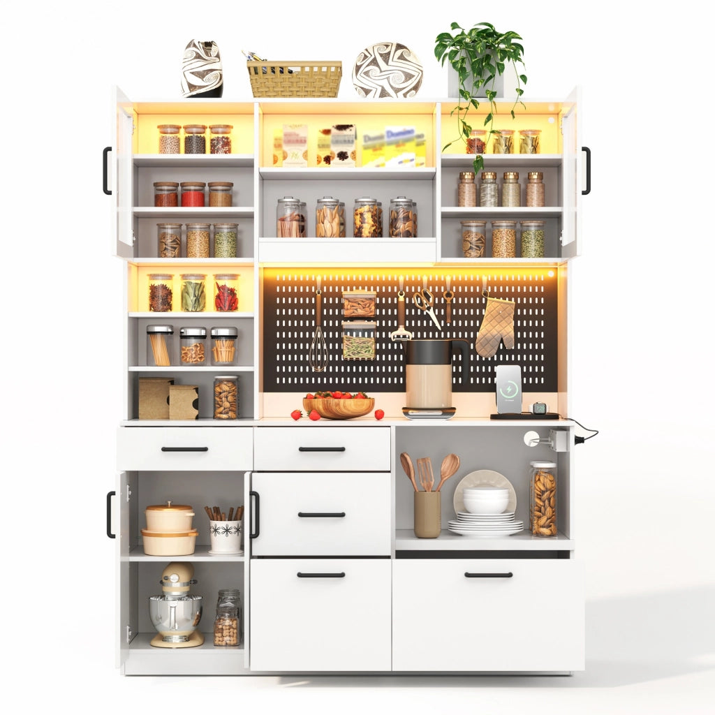 Mobile cucina multifunzione bianco con LED RGB, presa integrata, 5 cassetti e ripiani regolabili