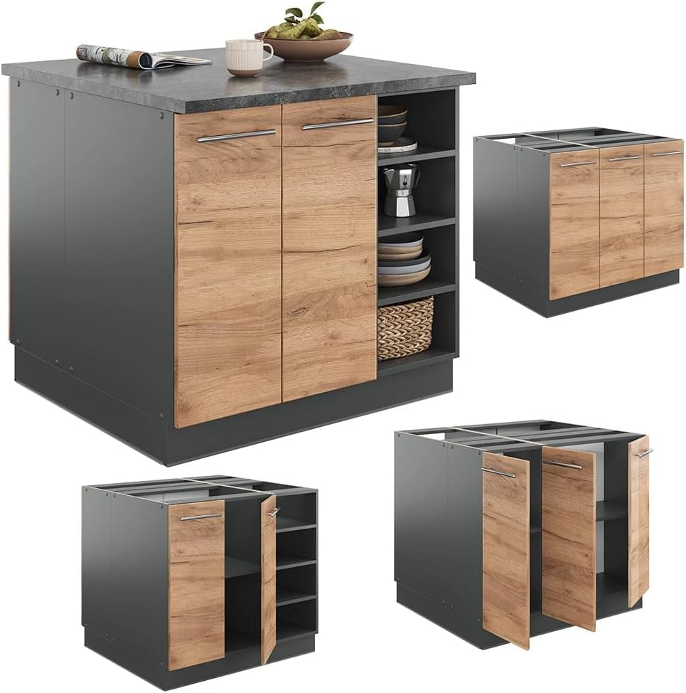 Isola cucina Fame-Line, Quercia dorata/antracite, 90 cm senza piano di lavoro, adatto per l'espansione con moduli aggiuntivi compatibili